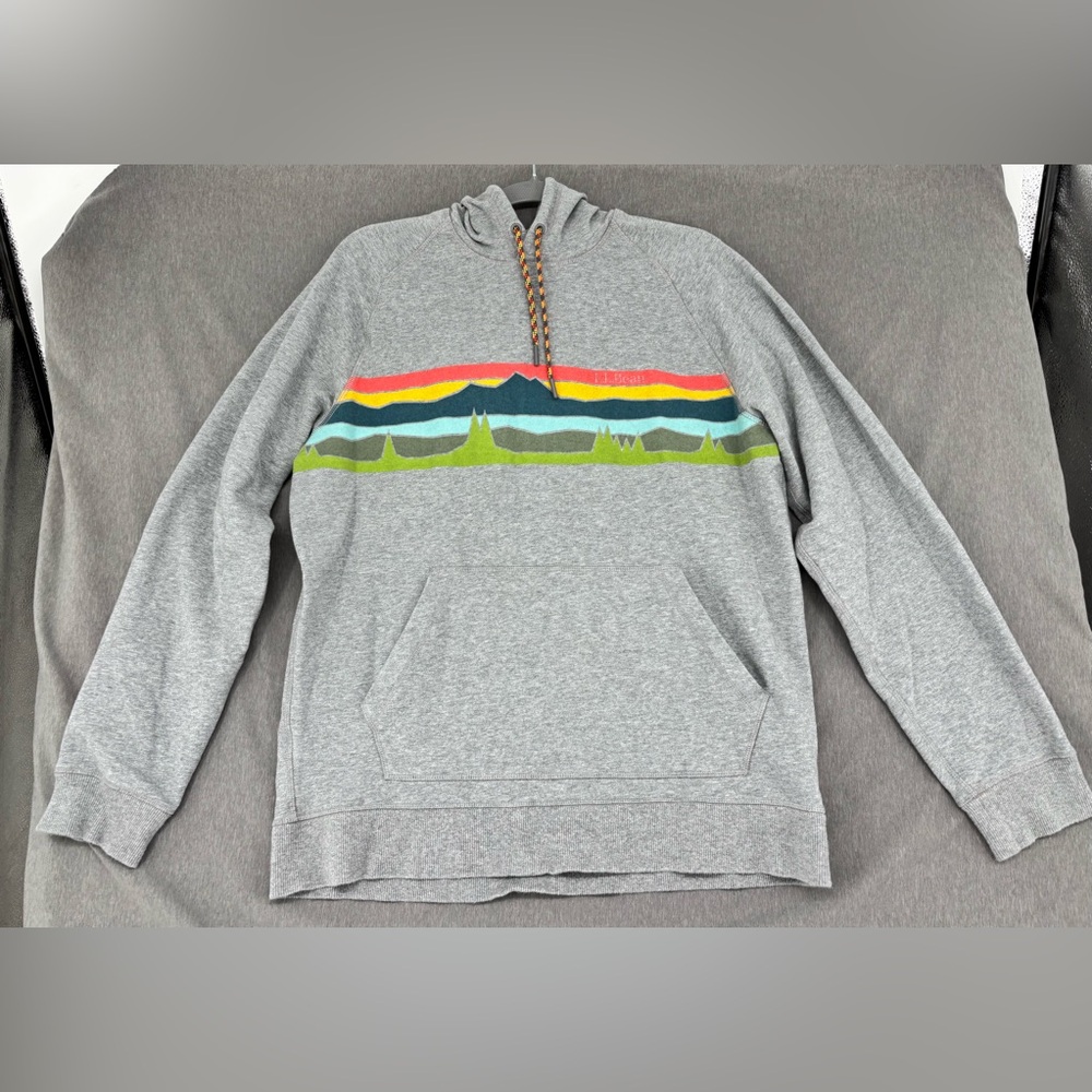 L.L. Bean Fitted Camp Outdoors Pullover Mountain Graphic Hoodie Gray Mens L